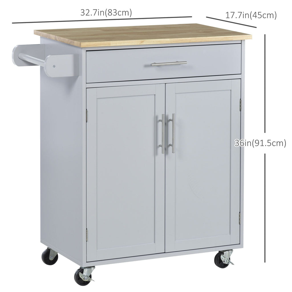 Grey rolling kitchen island cart with wood top, drawer, cabinet doors, towel rack