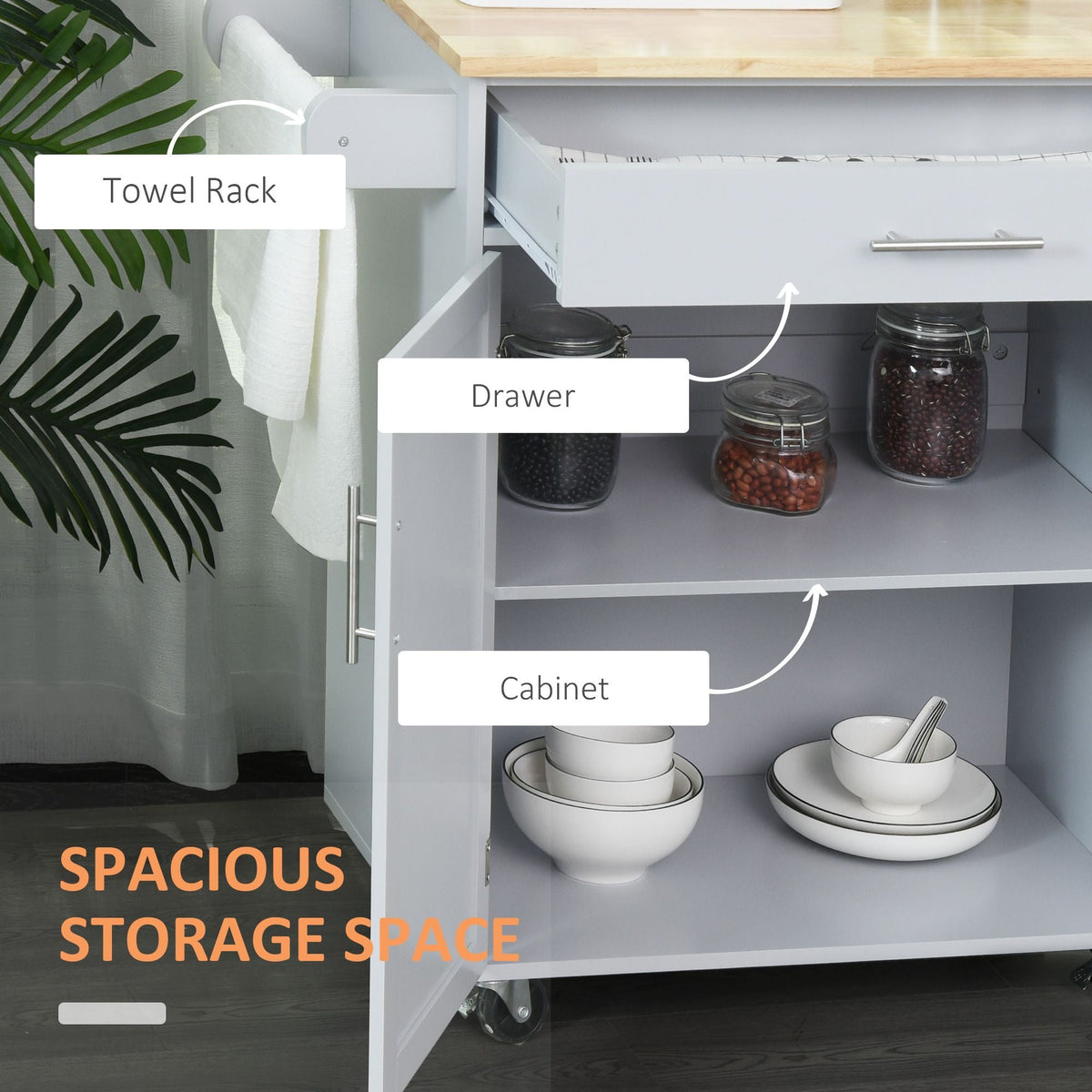 Grey kitchen cart interior with open shelves, drawer, cabinet, and towel rack