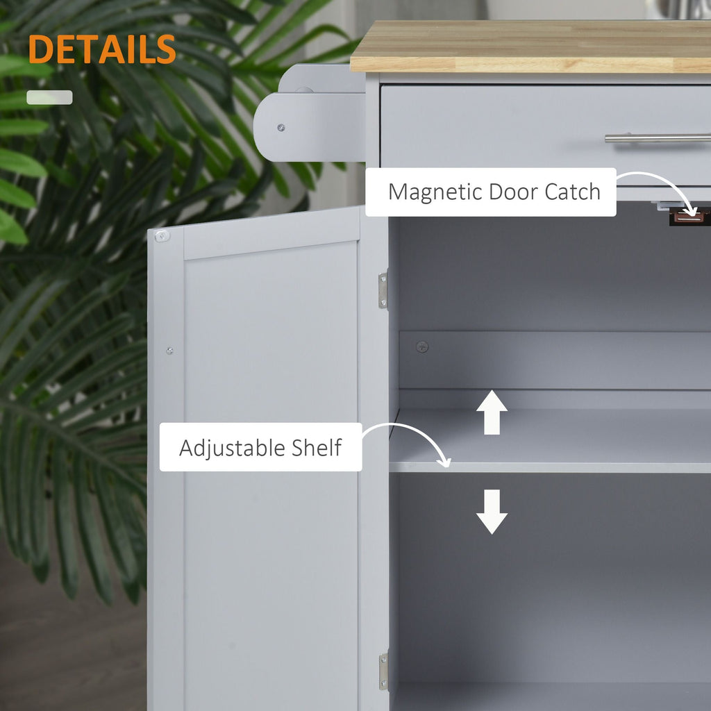 Grey kitchen island cart with magnetic door catch and adjustable shelf inside