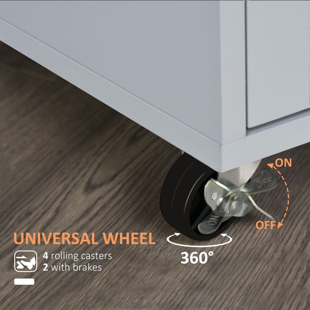 Grey rolling kitchen cart with four caster wheels, two with brakes for mobility