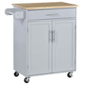 Grey rolling kitchen island cart with wood-look top, drawer and double cabinet doors