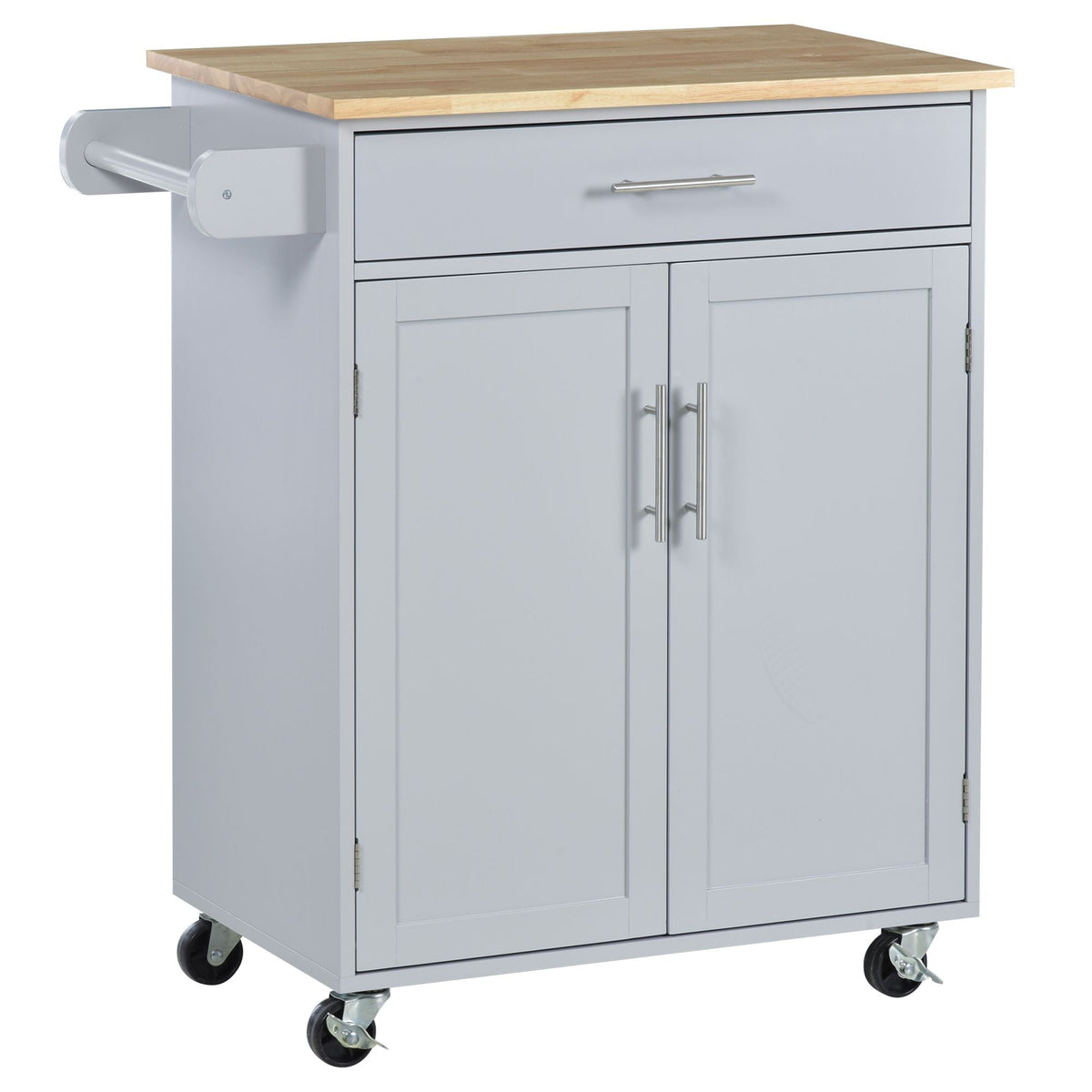 Grey rolling kitchen island cart with wood-look top, drawer and double cabinet doors