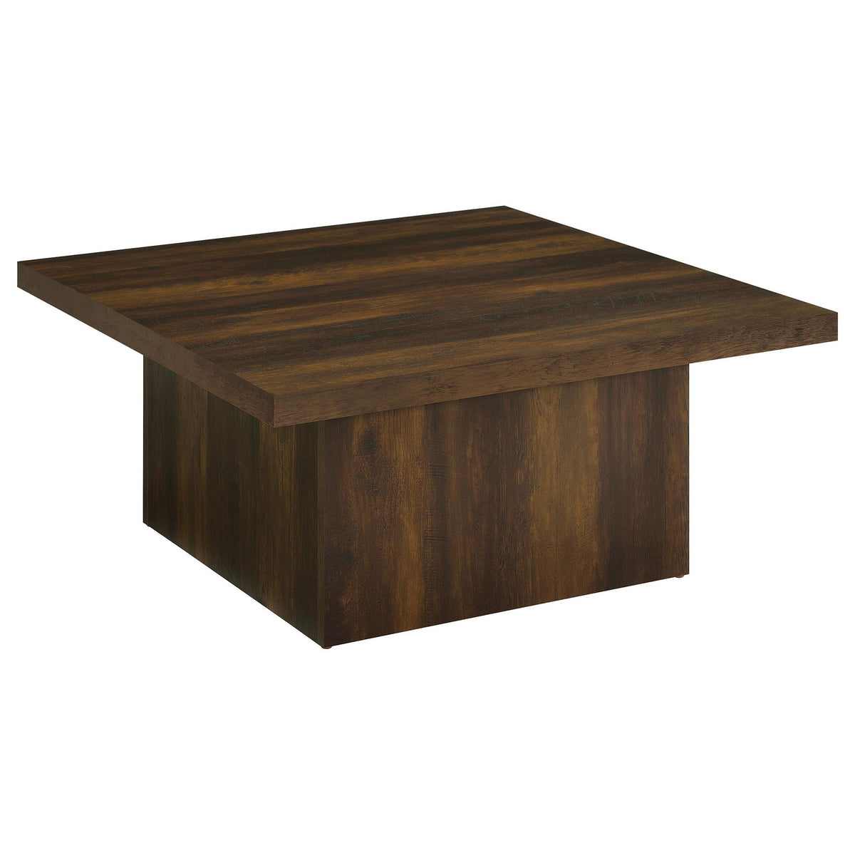 Square dark pine engineered wood coffee table with flat tabletop and straight sides