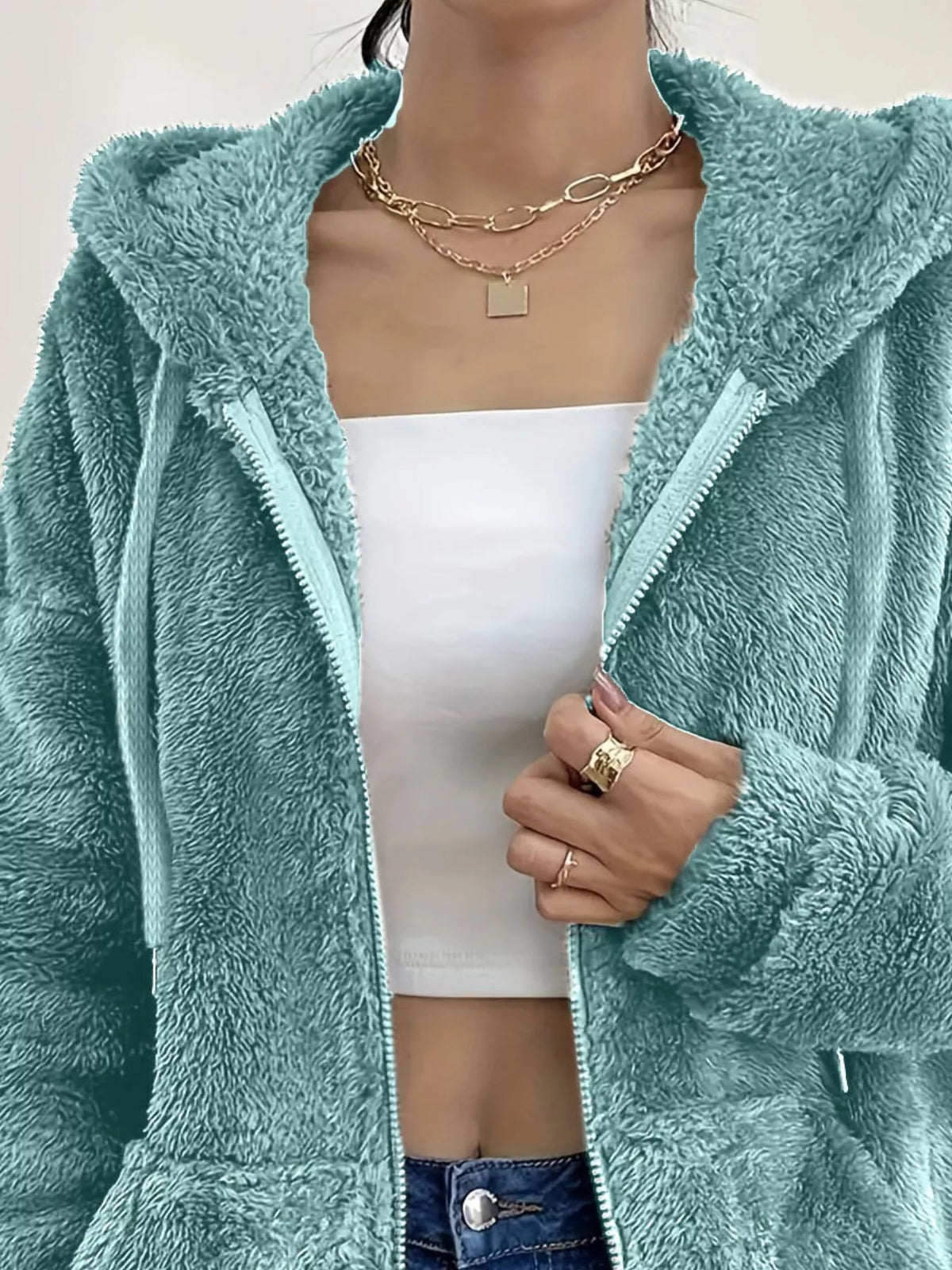 Teal fleece zip-up jacket front view with full zipper and two side pockets