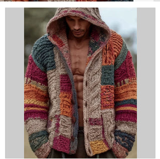 Multicolor patchwork fleece hooded zip-up jacket with textured knit sleeves