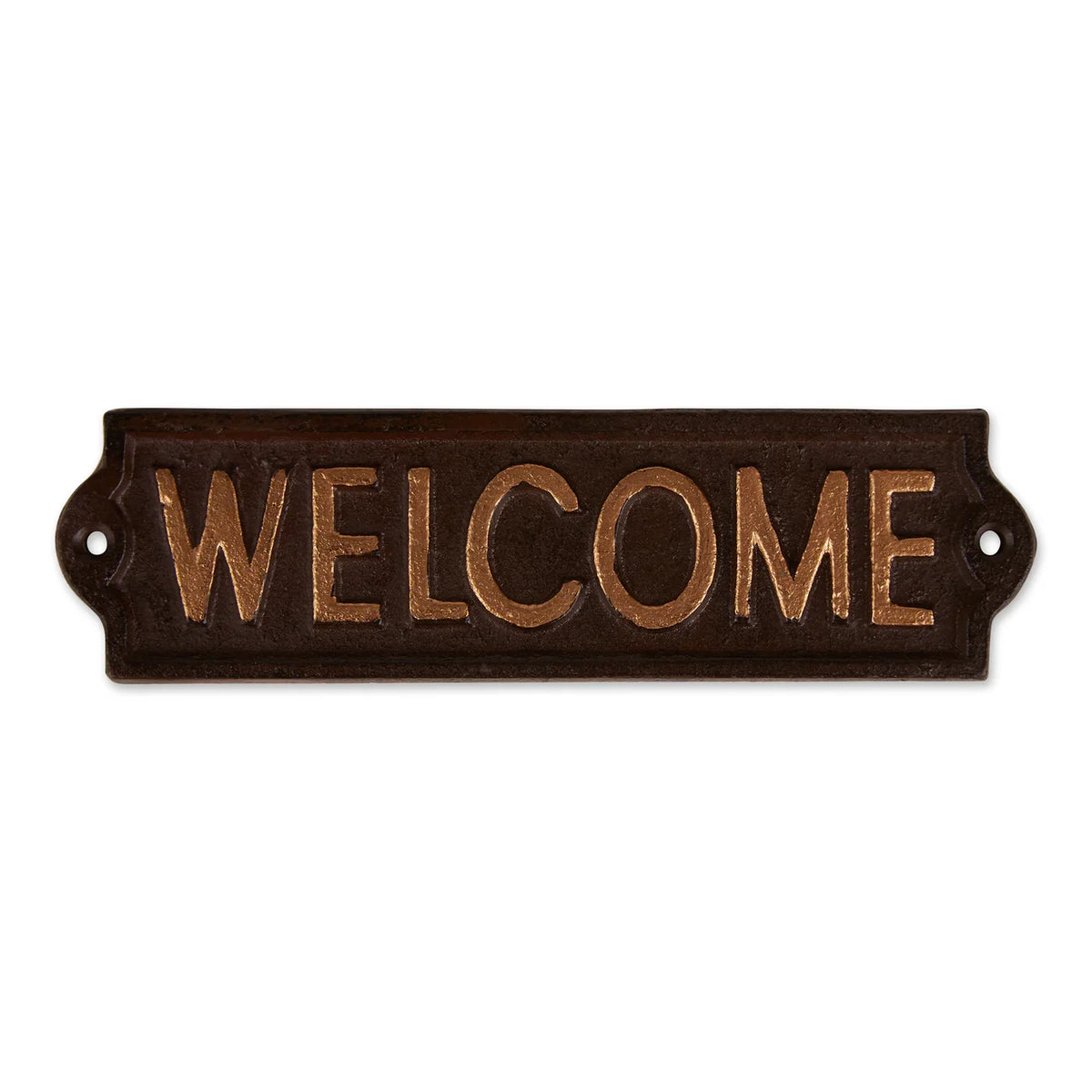 Cast iron Welcome wall sign with raised lettering and hanging holes, dark brown finish