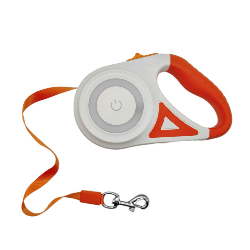 Orange retractable pet leash with handle grip, extendable rope and metal clasp