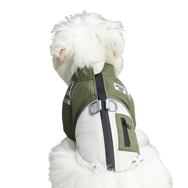 Green and white checkered dog windbreaker coat with white hood and harness straps