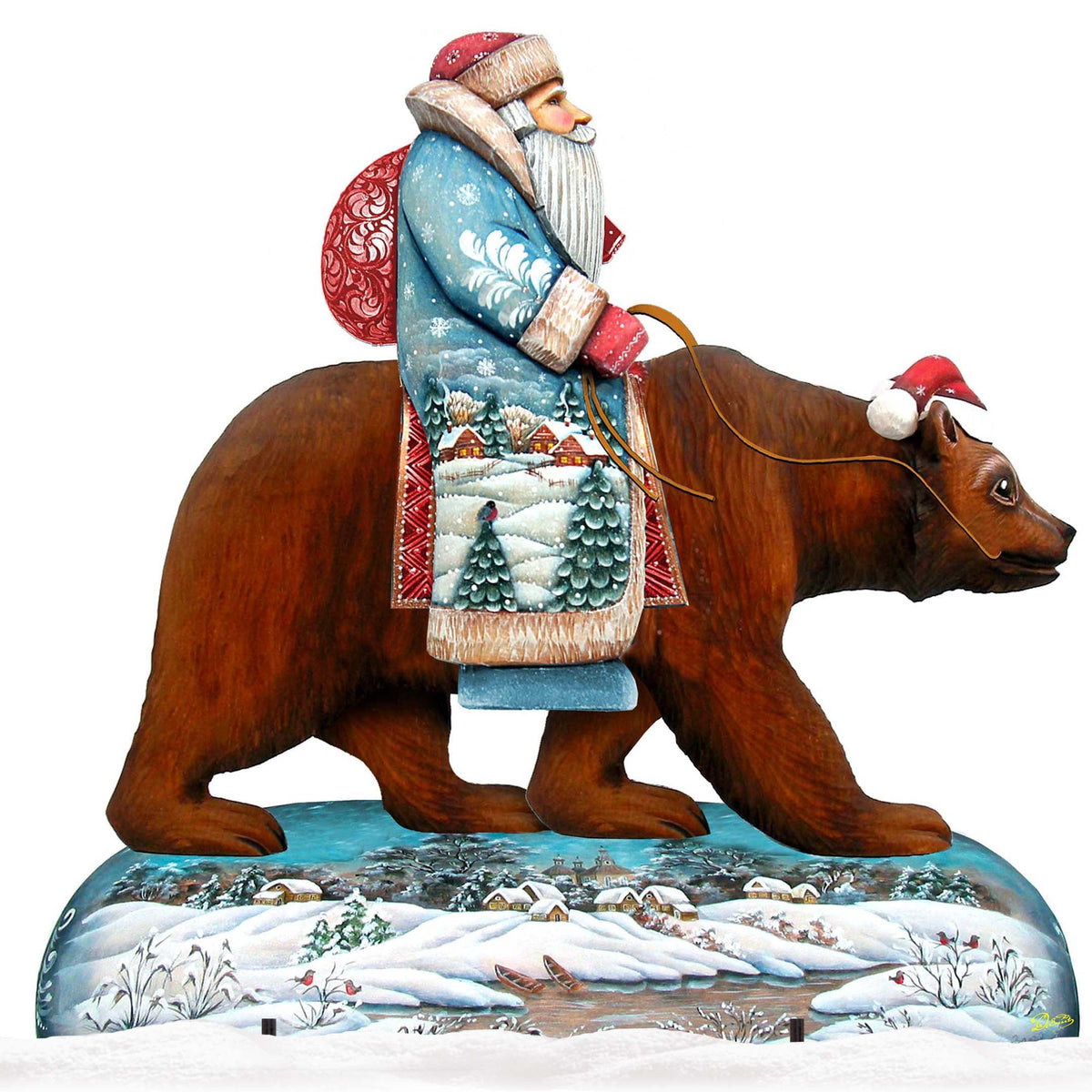 Full view Santa on a brown grizzly bear holiday outdoor decor on an icy blue base