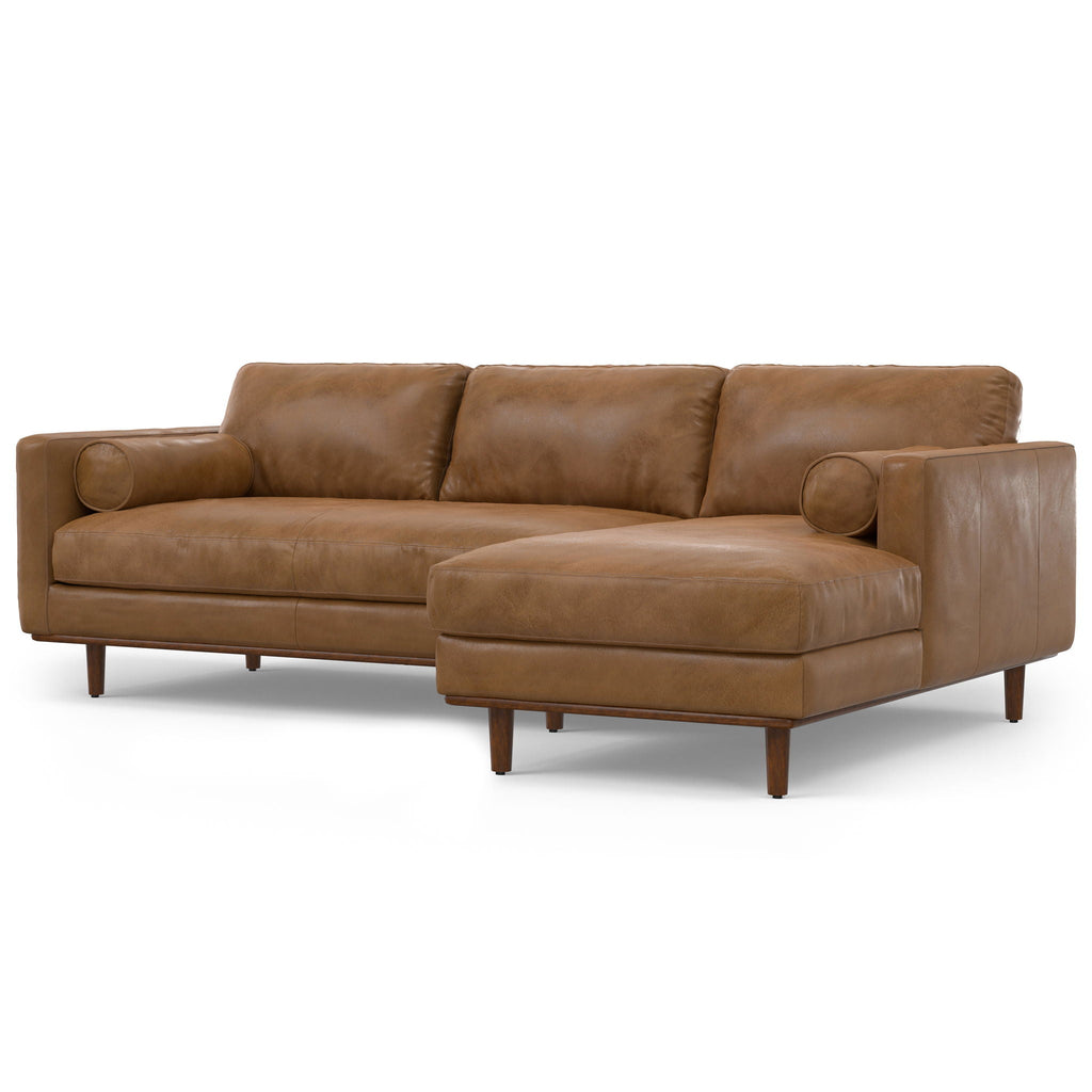 Brown upholstered sectional sofa with chaise, box cushions, and rounded arms