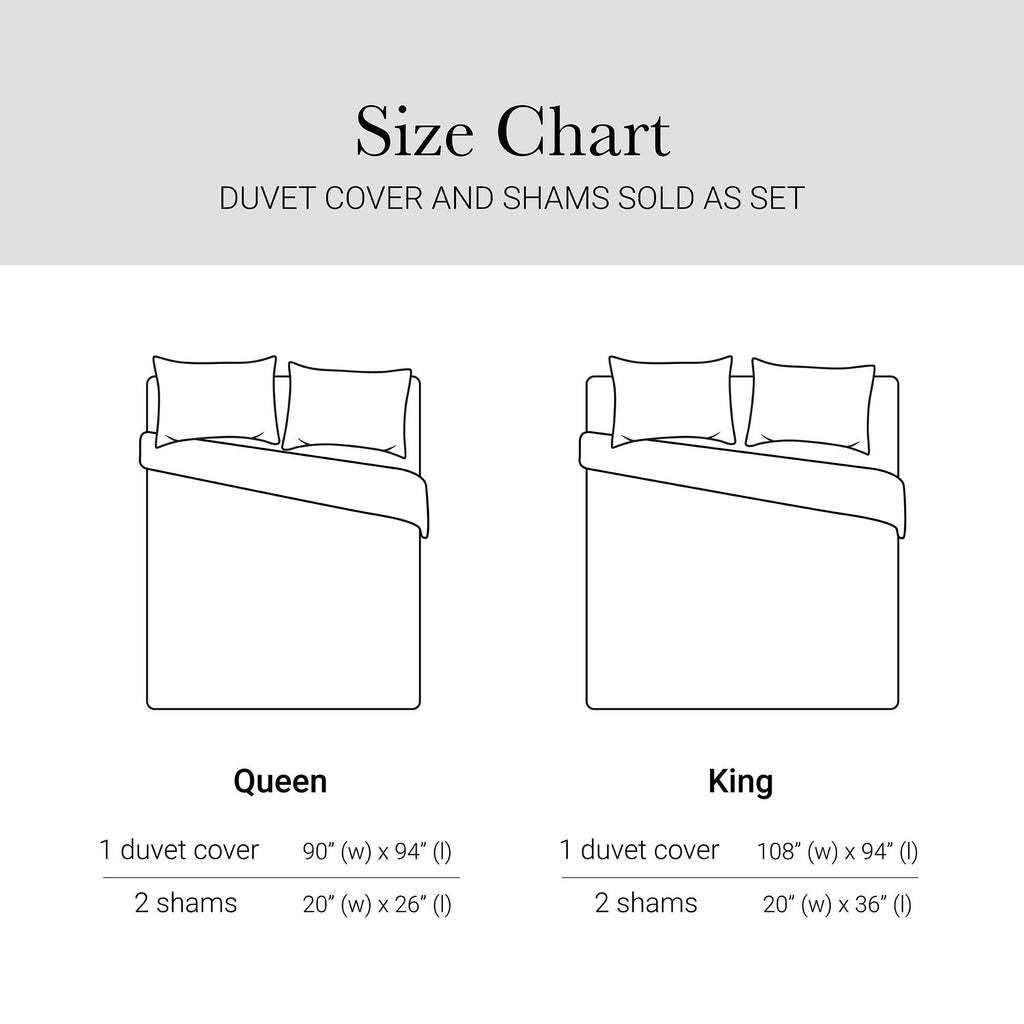 Duvet cover set size chart showing Queen and King duvet and shams measurements