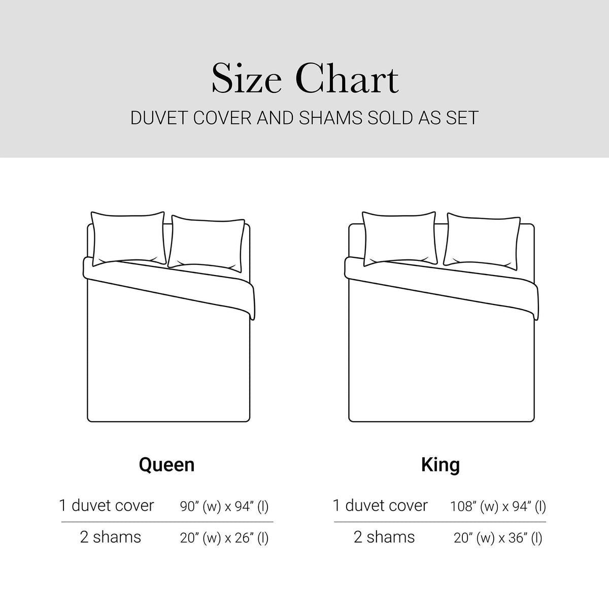Duvet cover set size chart showing Queen and King duvet and shams measurements