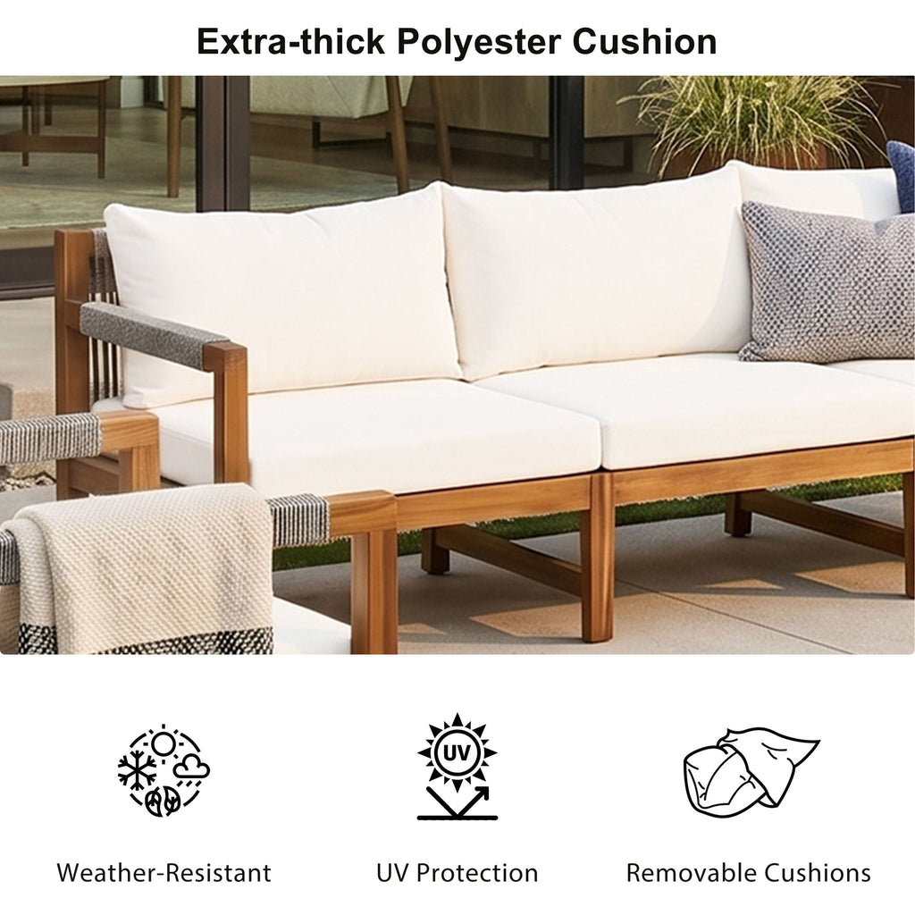 Outdoor sectional sofa set with acacia wood frame, rope armrests, light beige cushions