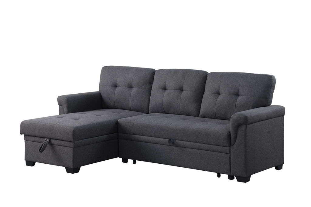 Dark gray reversible sectional sofa with tufted back and chaise storage armrest
