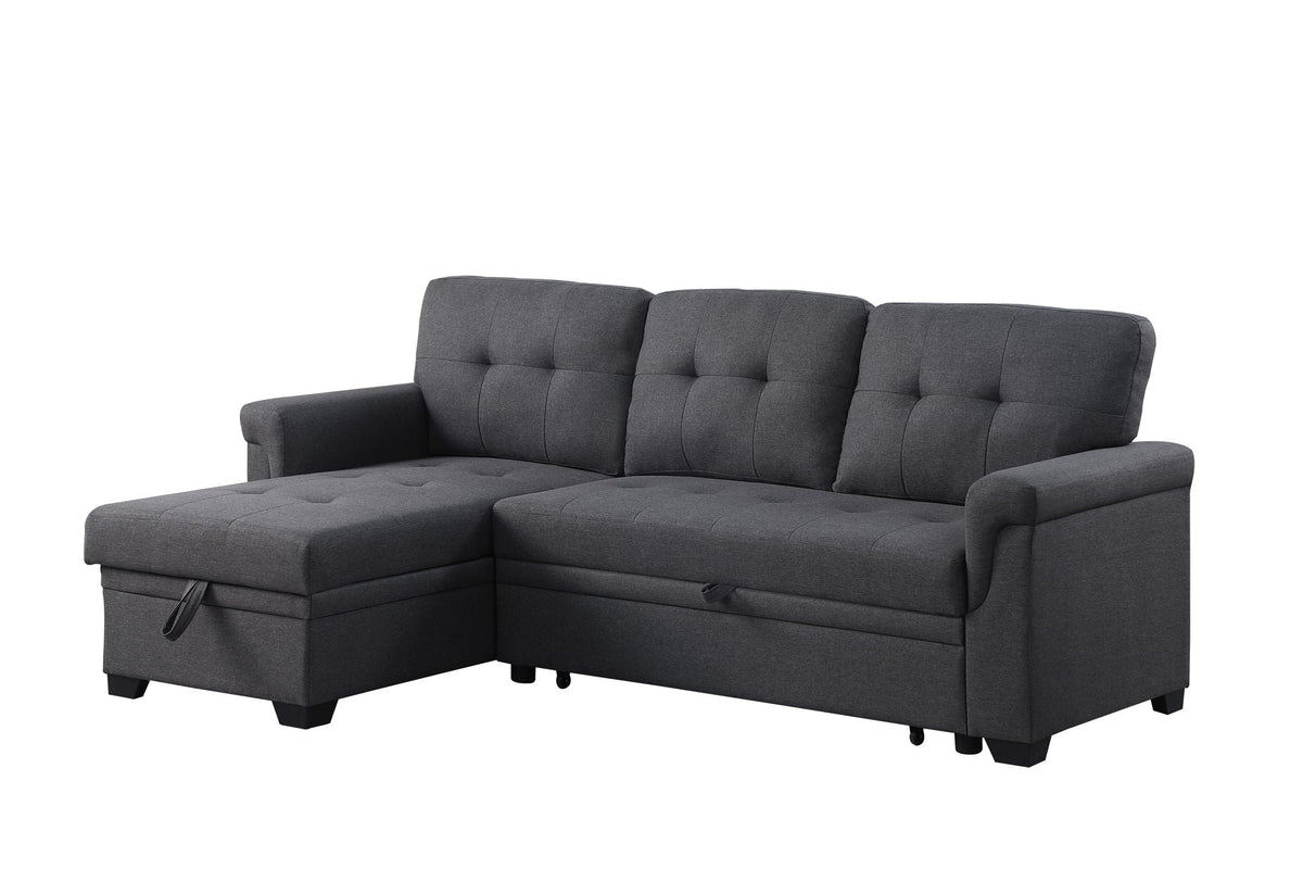 Dark gray reversible sectional sofa with tufted back and chaise storage armrest