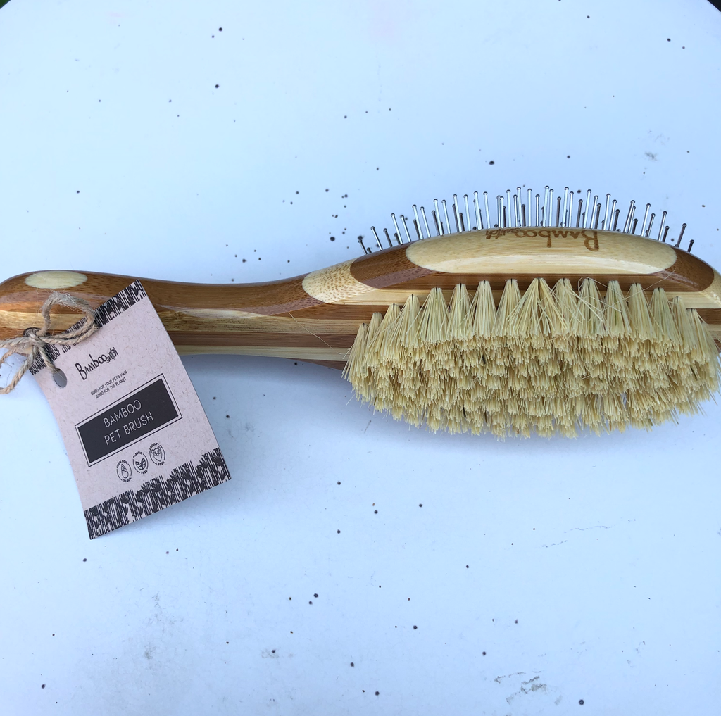 Bamboo grooming brush with oval wooden base and yellow stiff bristle pad