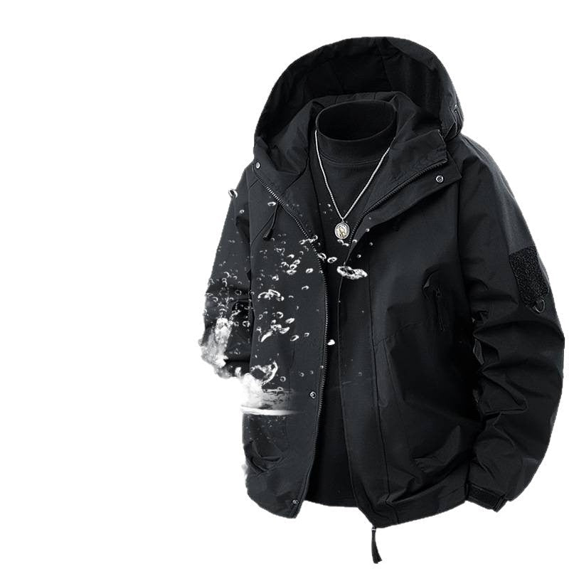 Hooded waterproof cargo jacket, black with zip front, utility pockets, drawstring hem.