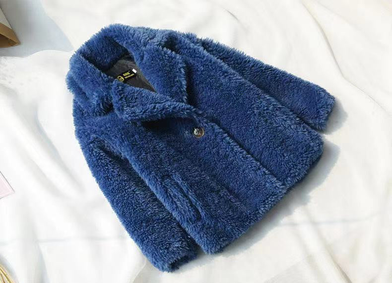 Girls' blue sherpa coat with hood, button front, long sleeves