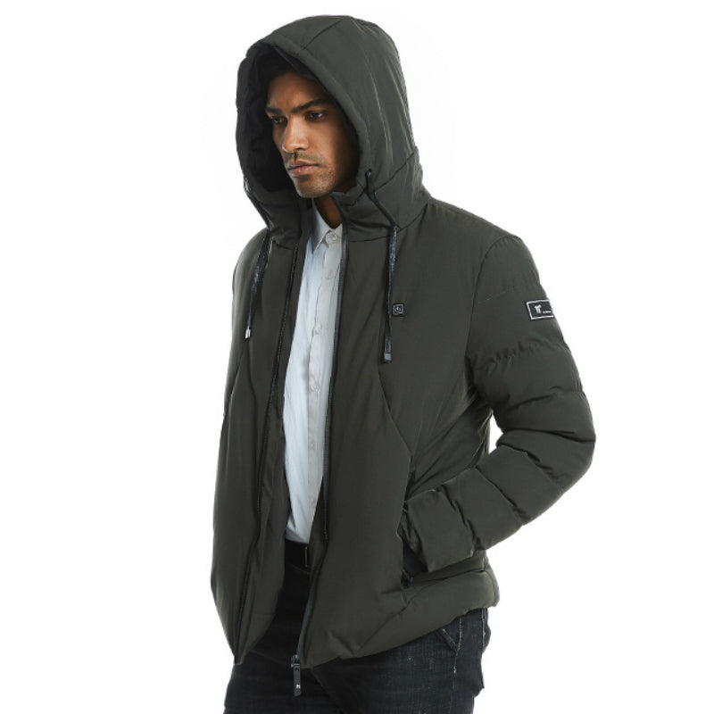 Hooded heated cotton coat, dark green, side view with drawstring hem