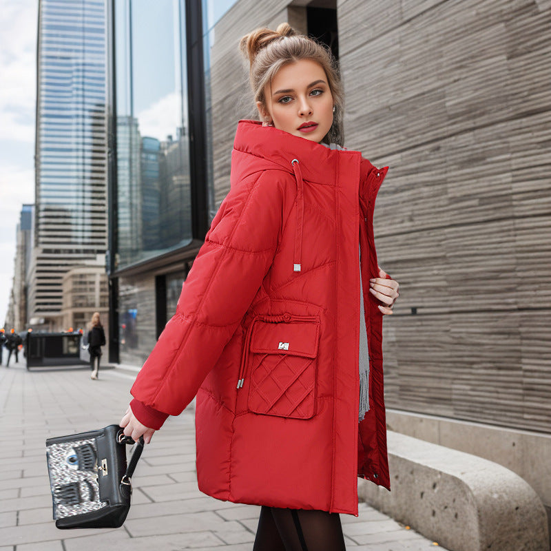 Red hooded puffer coat with drawstring hood, zipper front, and chest pocket.