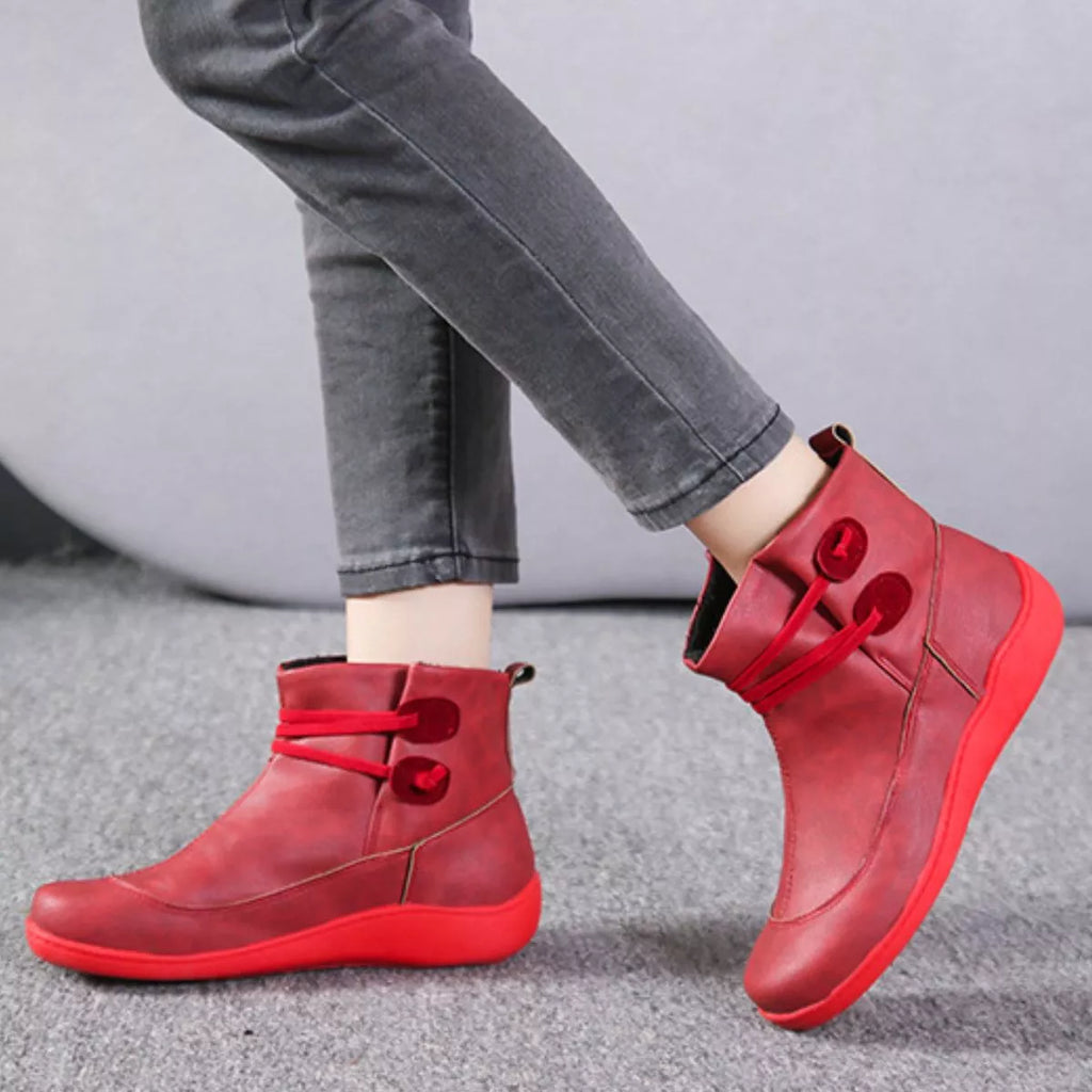 Scarlet ankle boots with lace-up, side button detail and low profile sole