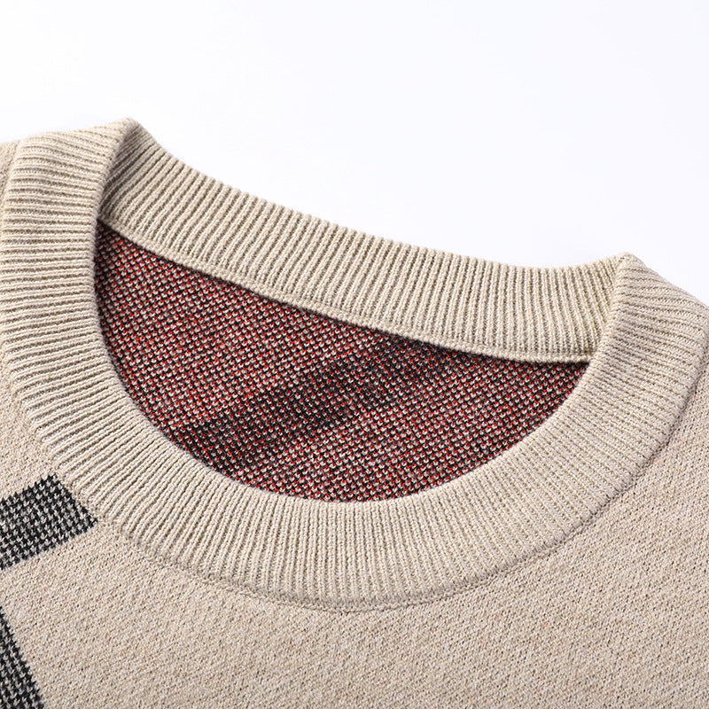 Men's sweater crew neck close-up: ribbed beige knit with red interior trim