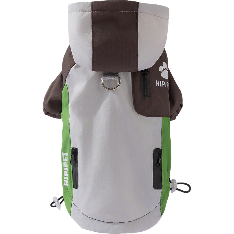 Grey waterproof dog outdoor jacket with hood, leash ring, and multiple pockets