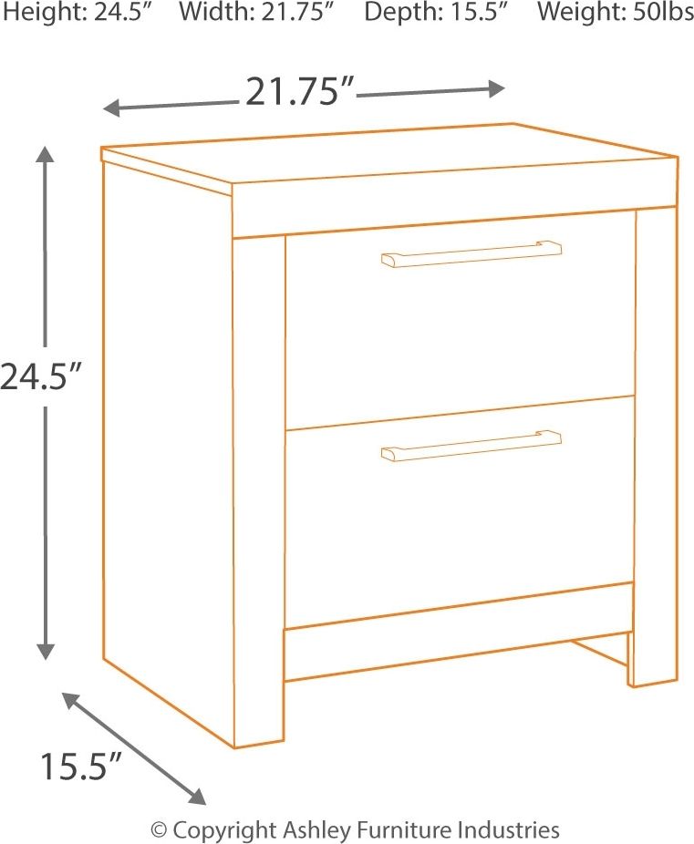 Wood nightstand diagram with two drawers, showing height and width measurements