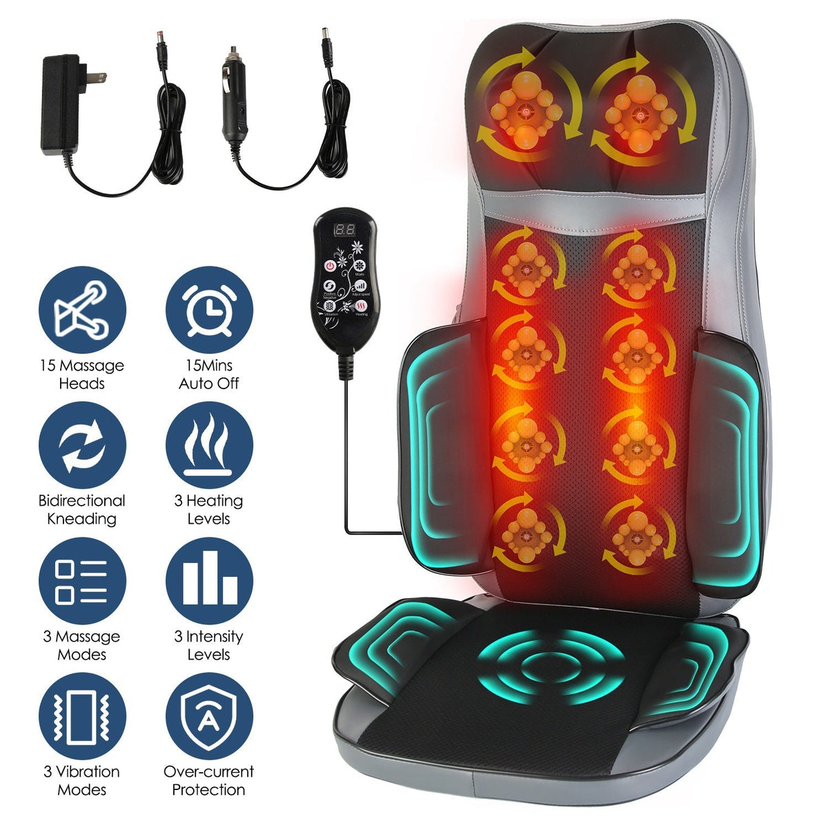 Heated shiatsu massage chair pad with control remote and glowing kneading rollers