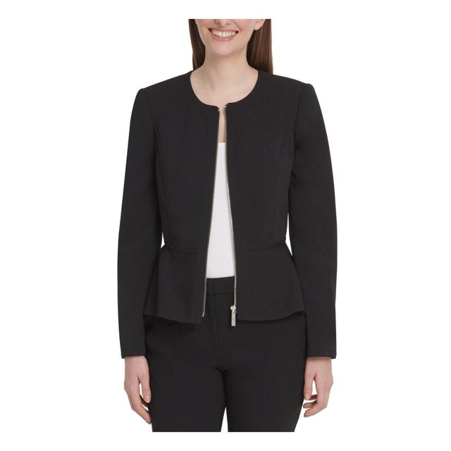 Black zip-front peplum jacket with long sleeves and peplum overlayer