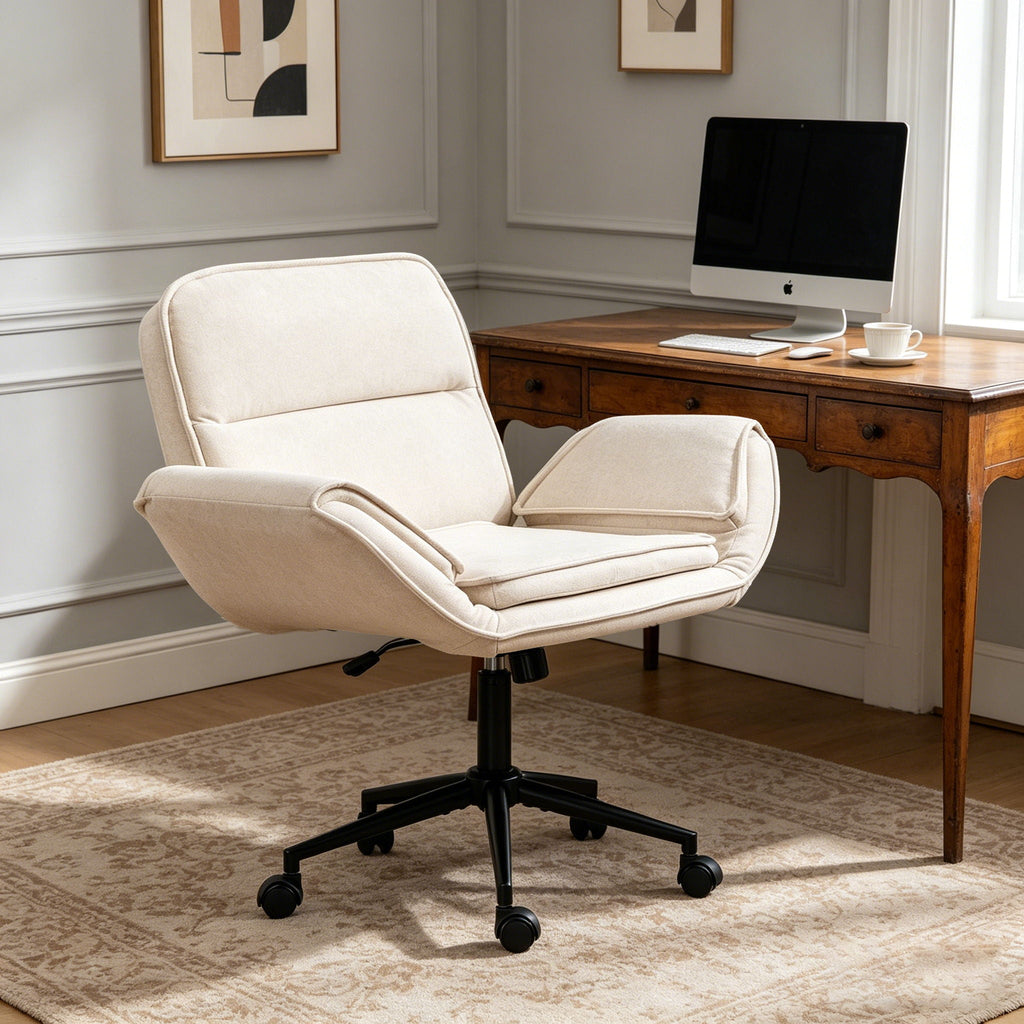 Beige fabric swivel office chair with armrests and rolling caster base