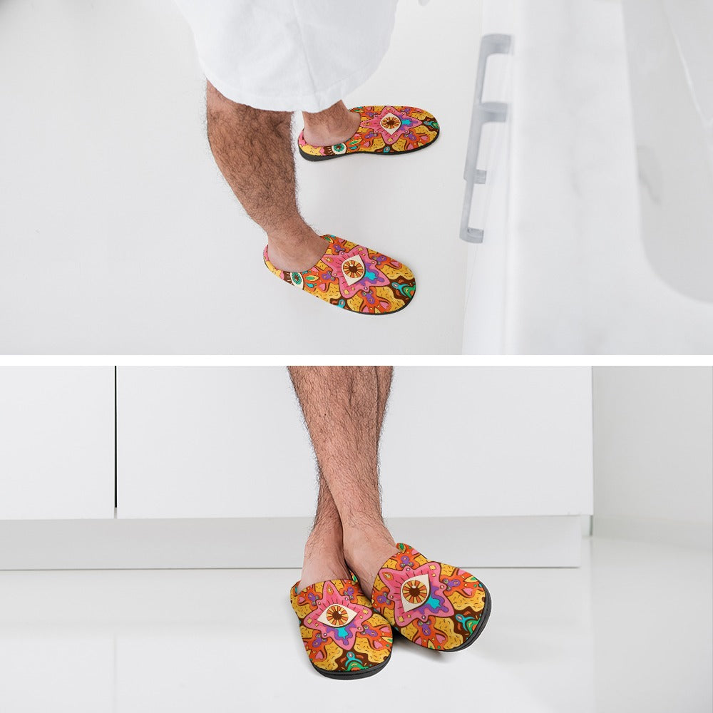 Person wearing colorful cotton slippers with abstract print and black textured soles