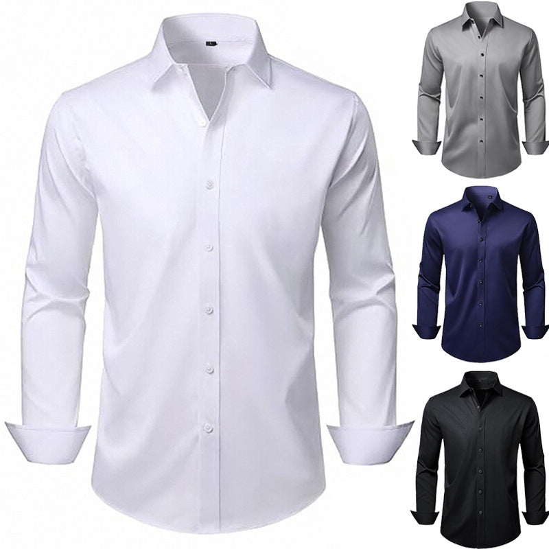 White long-sleeve solid dress shirt, button-up front and classic pointed collar