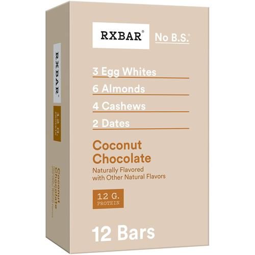 Protein snack bar box with RXBAR Coconut Chocolate label, 12 bars