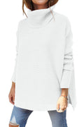 White ribbed knit turtleneck tunic sweater, batwing sleeves, side slit hem