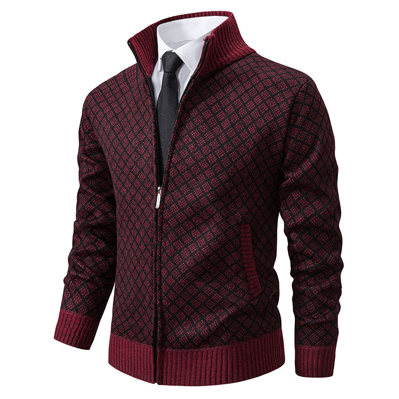 Men's plaid knit zip jacket with stand collar, wine red patterned front view
