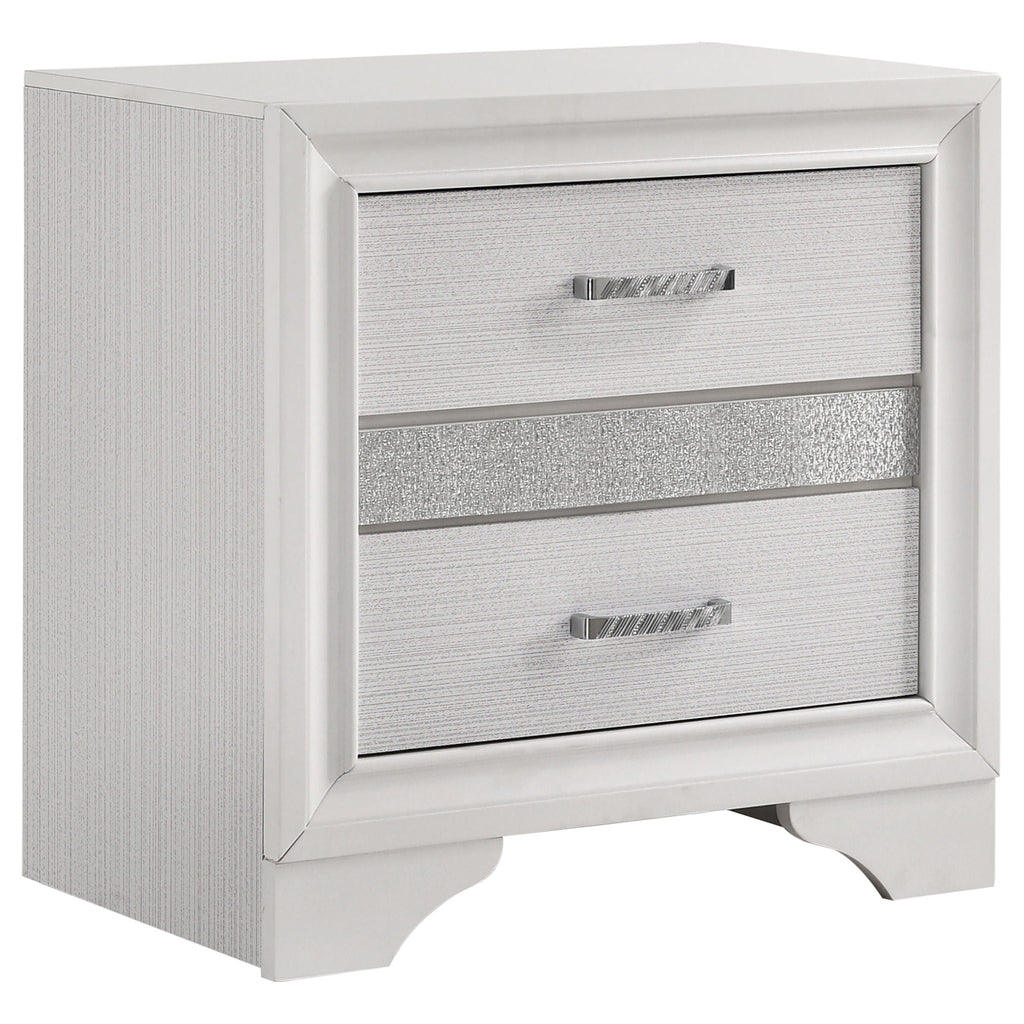 White nightstand with two drawers and gray textured drawer fronts