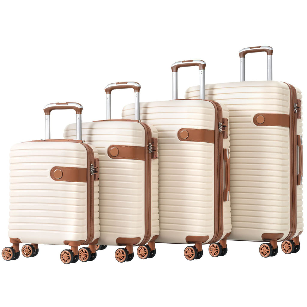 Set of four beige hard-shell suitcases with brown trim and telescoping handles.