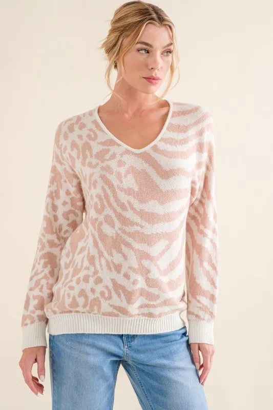 Leopard-zebra print V-neck casual sweater top, pale pink with long sleeves