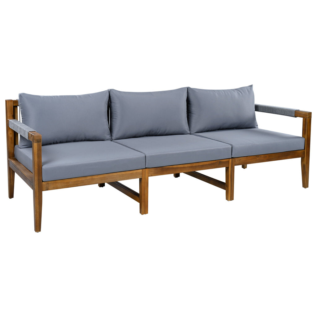 Outdoor sectional sofa set with acacia wood frame, dark gray cushions and three back pillows