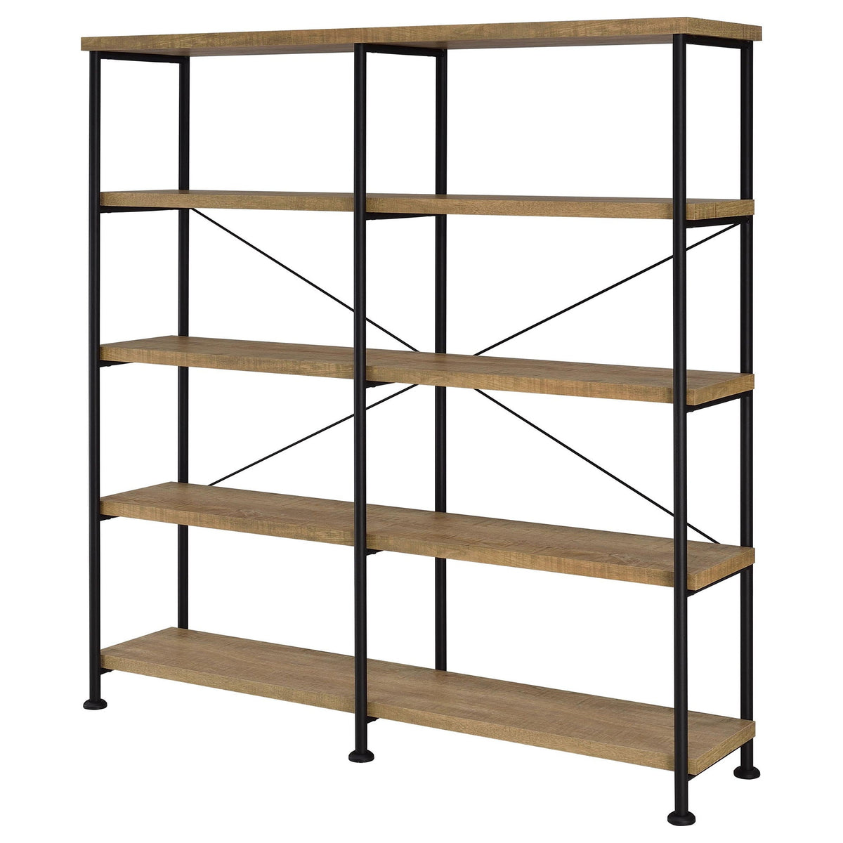 Side view of 4-shelf double bookshelf with black frame and mango wood shelves