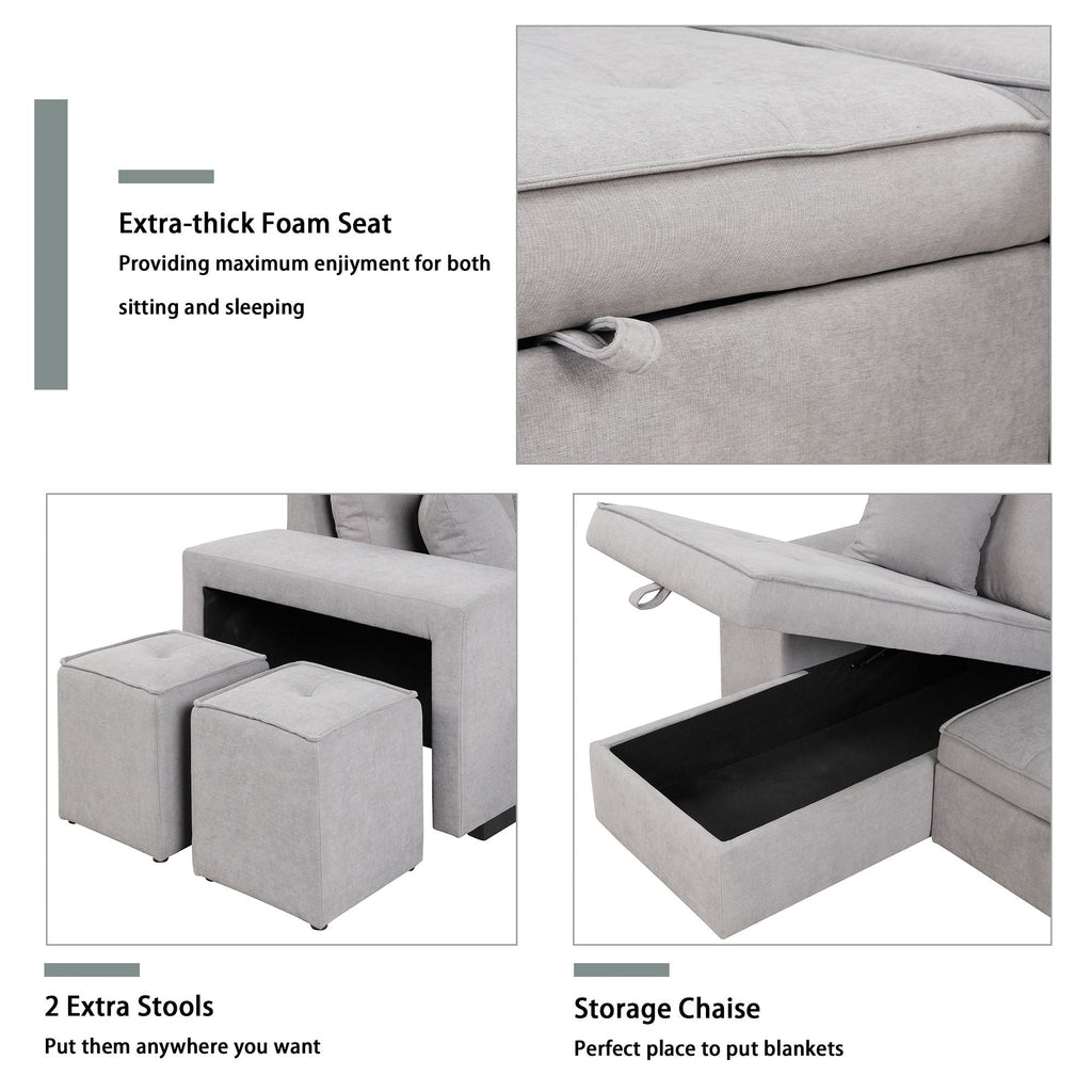 Light gray sectional sofa with storage chaise and two ottomans, extra-thick cushions