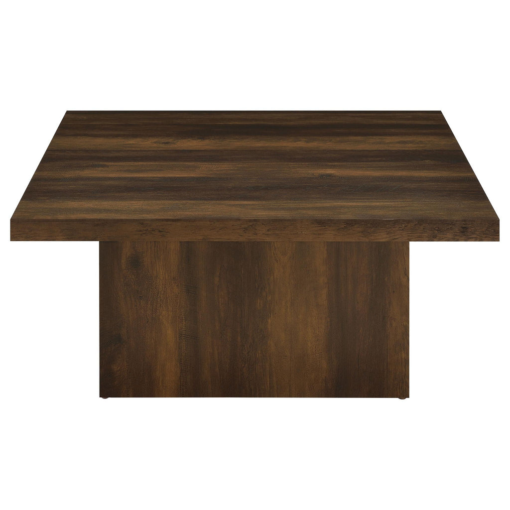 Square dark pine engineered wood coffee table with horizontal wood-grain tabletop