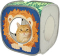 Collapsible cat cube with a lion face print, circular entrance, and gray side panel