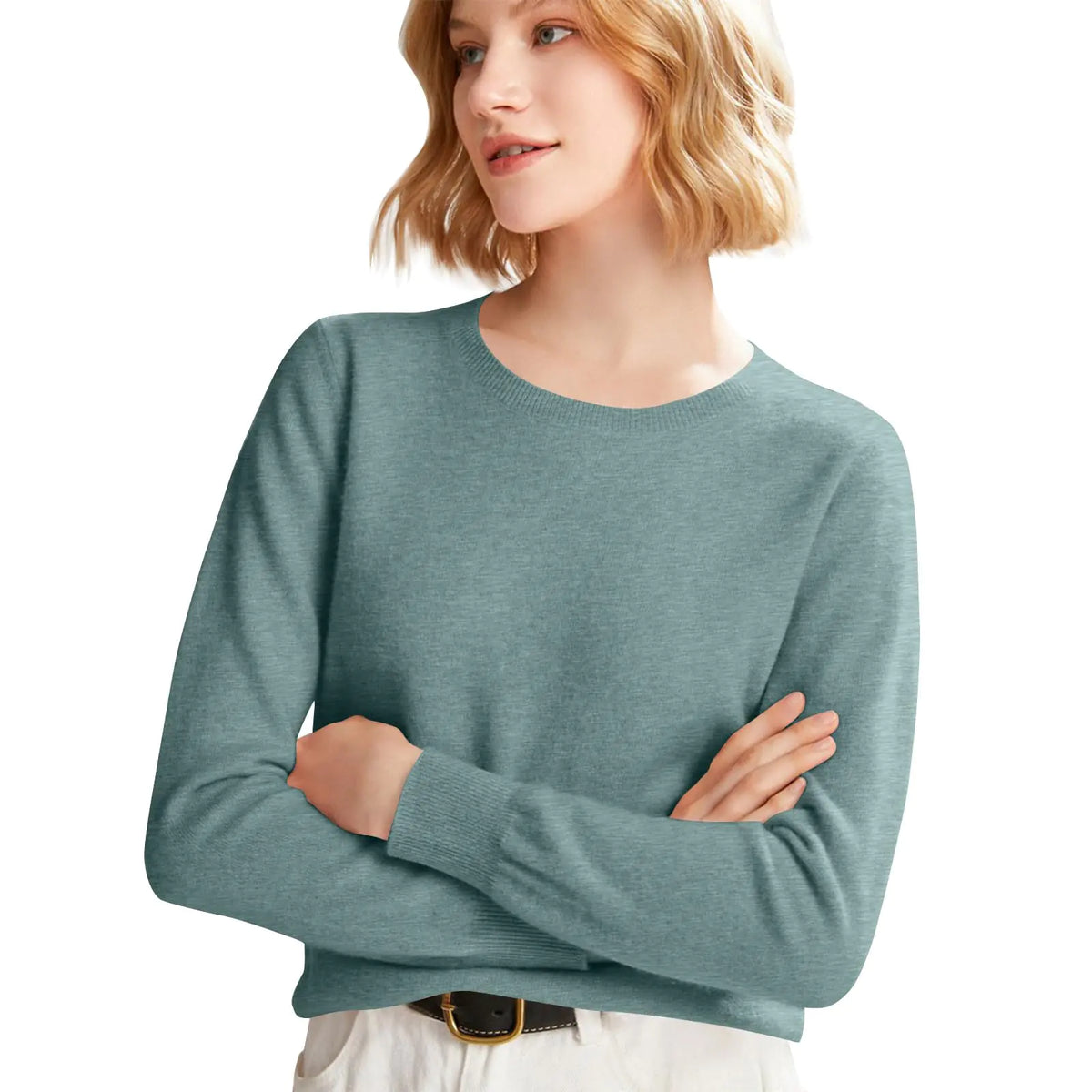 Women's cashmere sweater, mint green, crew neck, long sleeves