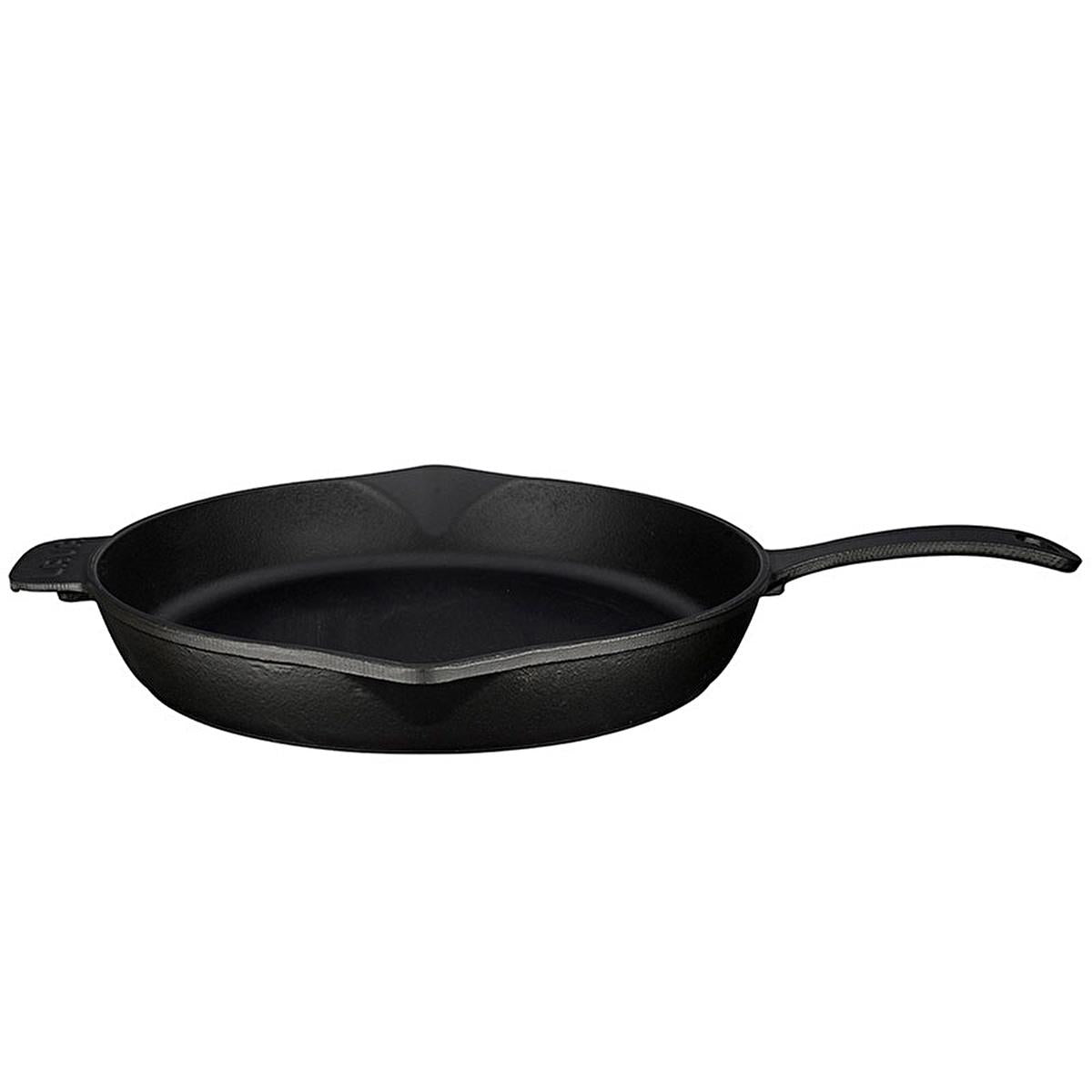 LAVA black cast iron frying pan with dual side handles and flat rim