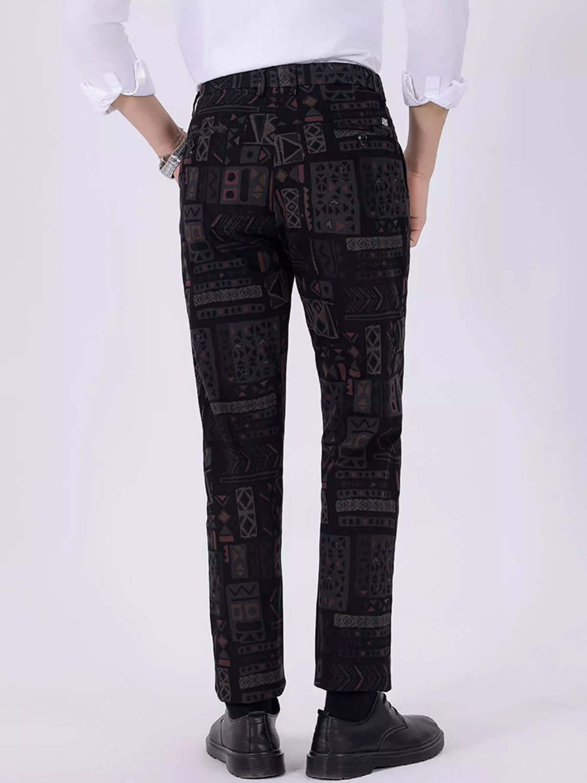 Men's black printed casual pants with elastic waistband and full length view
