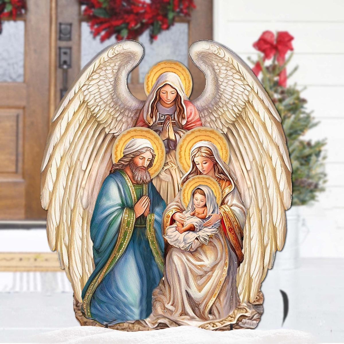 Nativity outdoor decor with angel, Mary, Joseph, and baby in painted gold wings