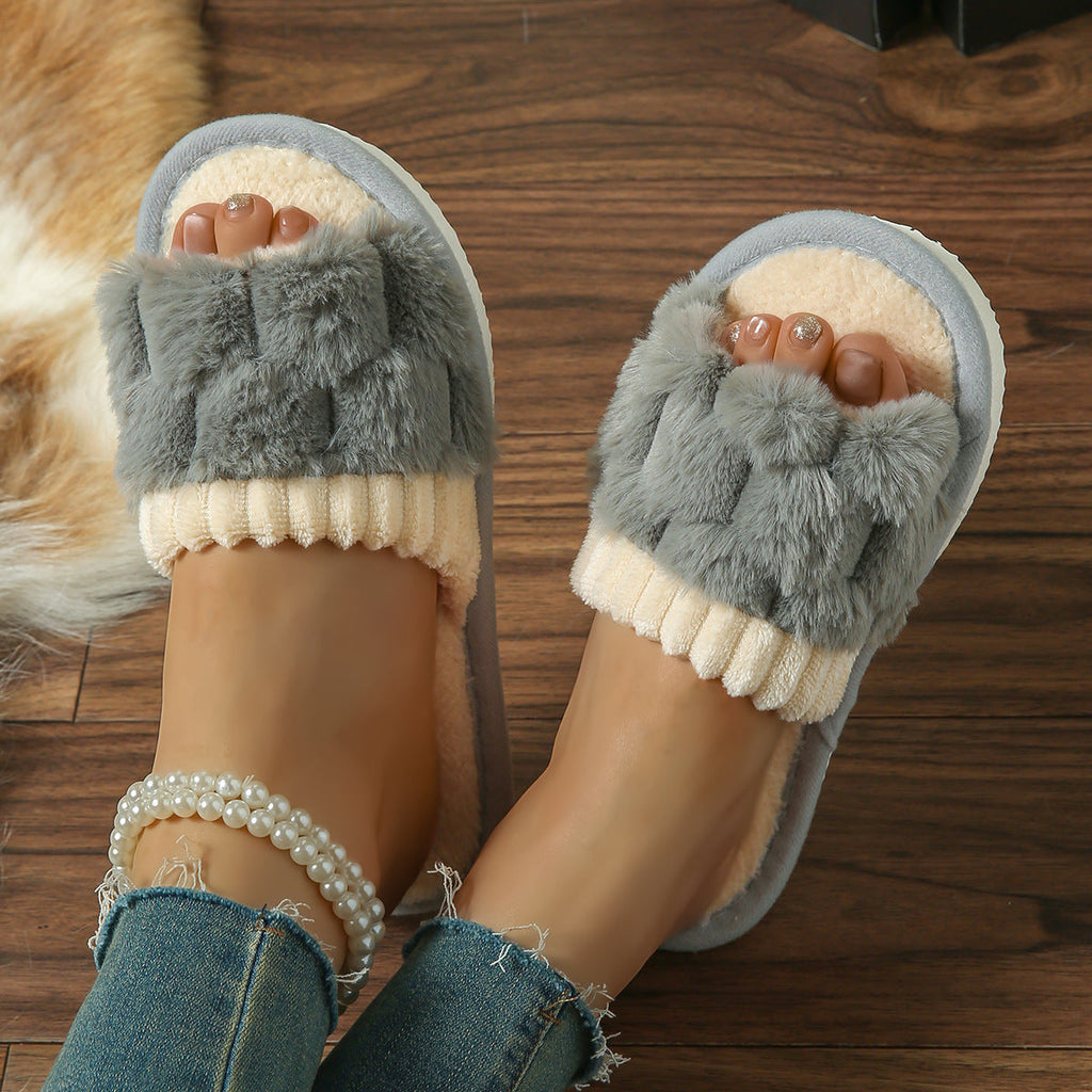 Pair of gray plush slip-on slippers with ribbed knit trim and open toe
