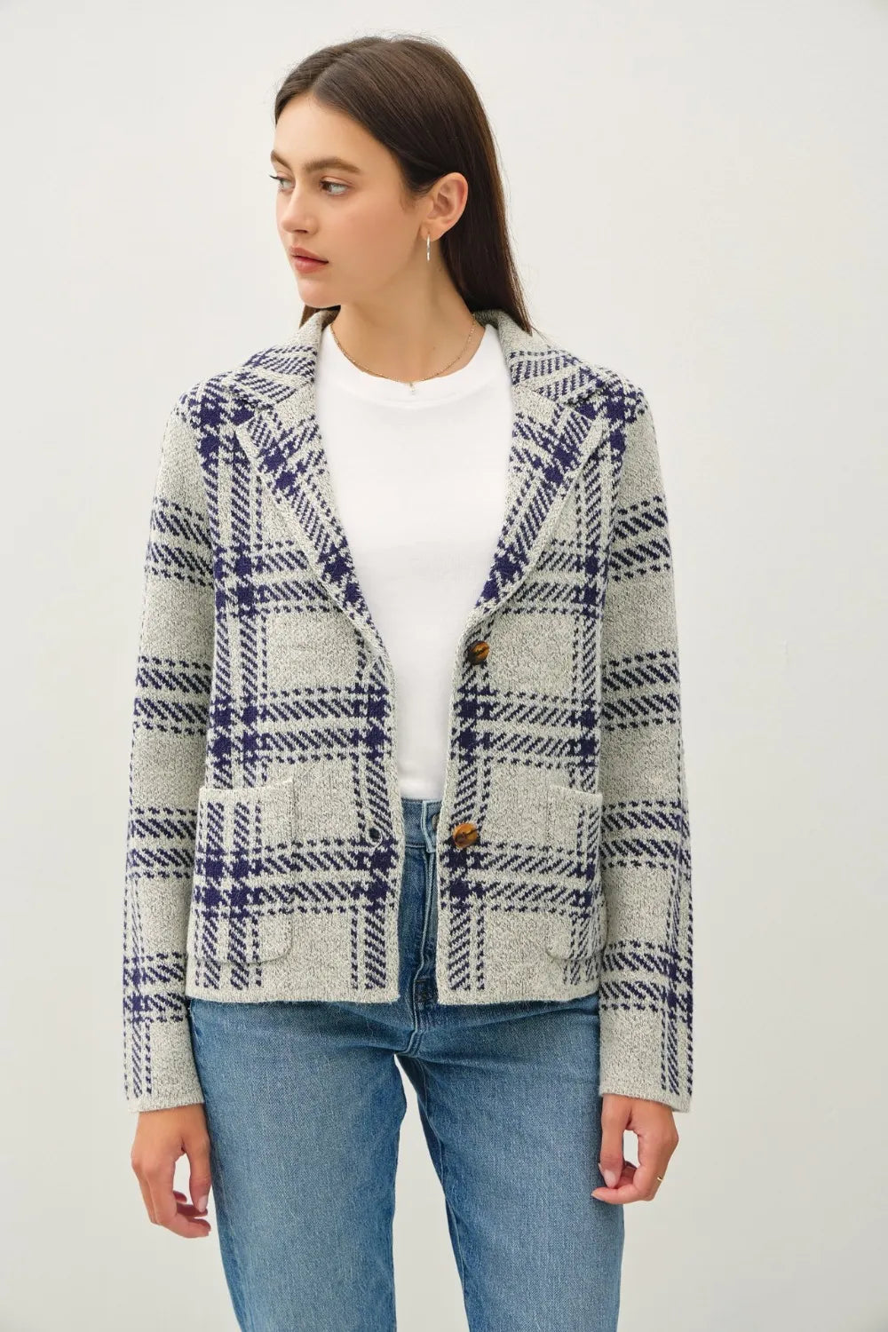 Navy plaid long-sleeve sweater jacket with open front and front patch pockets